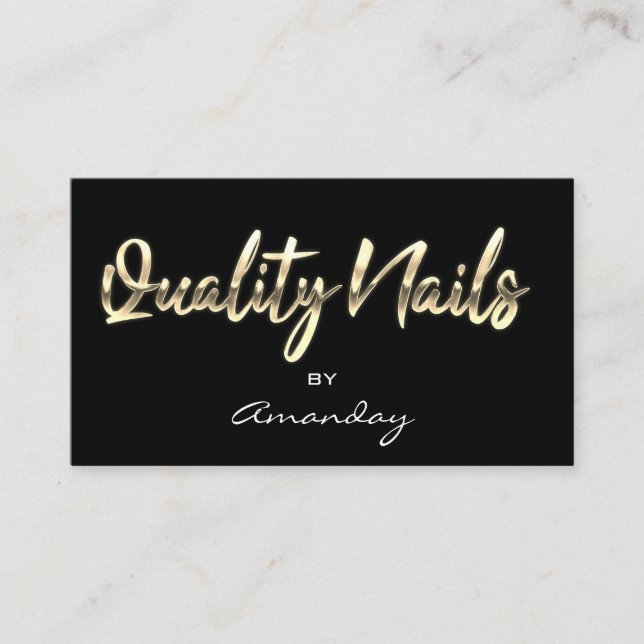 Gold Black Quality Nails Script QR Code Logo Business Card (Front)