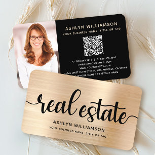 Gold Black Real Estate Agent Photo QR Code Broker Business Card