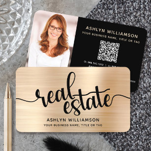 Gold Black Real Estate Agent QR Code Photo Broker Business Card