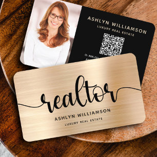 Gold Black Realtor Photo QR Code Broker Agent Bold Business Card