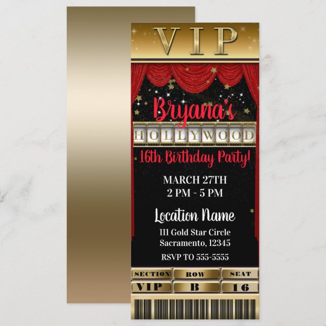 Gold Black Red HOLLYWOOD Birthday Party VIP Ticket Invitation (Front/Back)