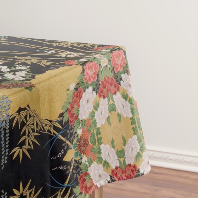 Gold Black Red Japanese Floral Cotton Dining  Tablecloth (In Situ)