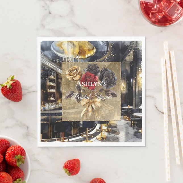 Gold Black Red Night Club Floral Bridal Shower  Napkin (Insitu)