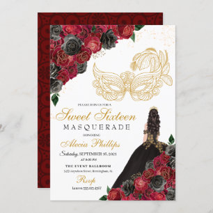 Gold Black Red Roses Masquerade Sweet 16 Invitation