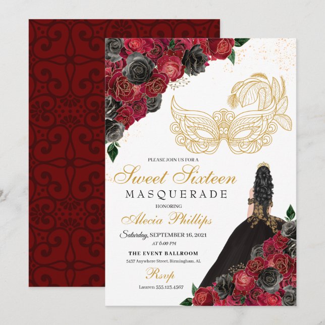 Gold Black Red Roses Masquerade Sweet 16 Invitation (Front/Back)
