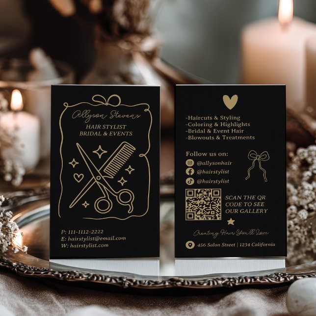 Gold Black Retro Doodles Hair Stylist QR Code Business Card (Gold Black Retro Doodles Hair Stylist QR Code Business Card)