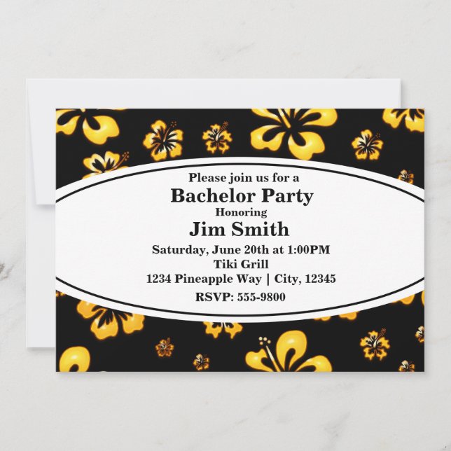 Gold Black Retro Floral Black Invitation (Front)