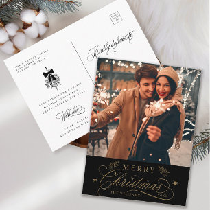 Gold & Black Romantic Merry Christmas Photo Postcard