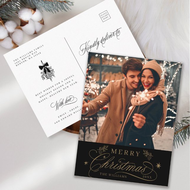 Gold & Black Romantic Merry Christmas Photo Postcard (Front & Back)