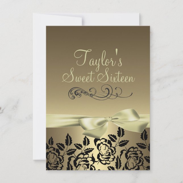 Gold/Black Rose & Bow Image Birthday Invitation (Front)