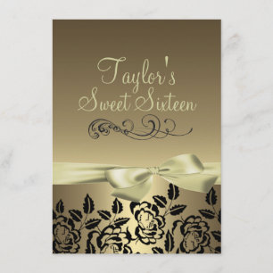 Gold/Black Rose & Bow Image Birthday Invitation