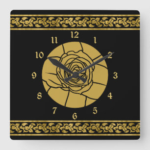 Gold Black Rose Leaf Border Minimalist Square Wall Clock