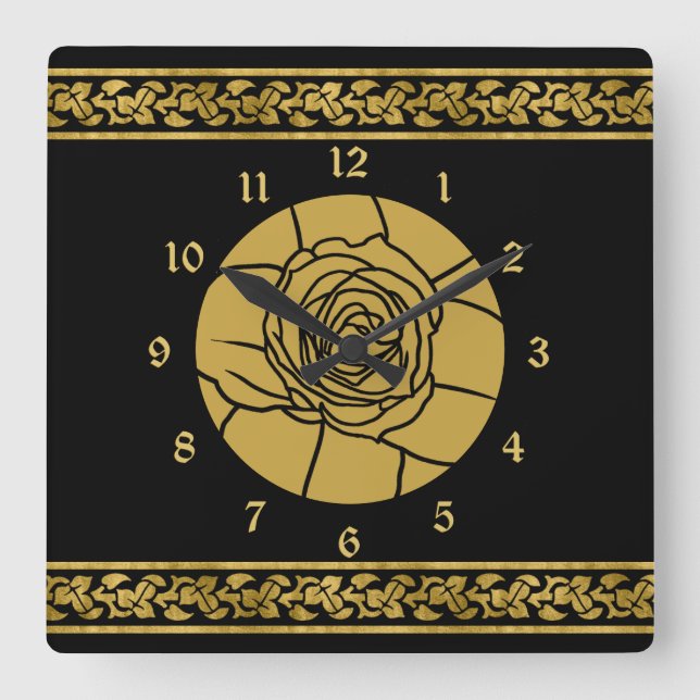 Gold Black Rose Leaf Border Minimalist Square Wall Clock (Front)