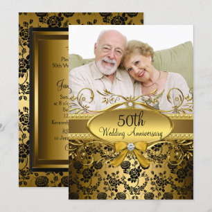 Gold Black Rose Photo 50th Anniversary Invite