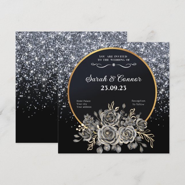 Gold Black Rose Silver Glitter Wedding Invitation (Front/Back)