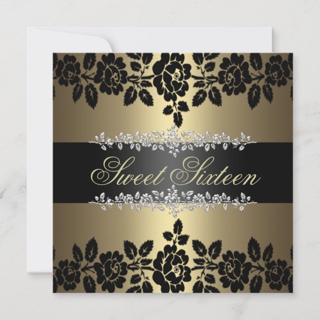 Gold & Black Rose Sweet 16 Birthday Invitation (Front)