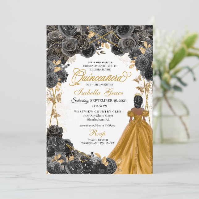 Gold Black Roses Butterfly Glitter Quinceañera Invitation (Standing Front)