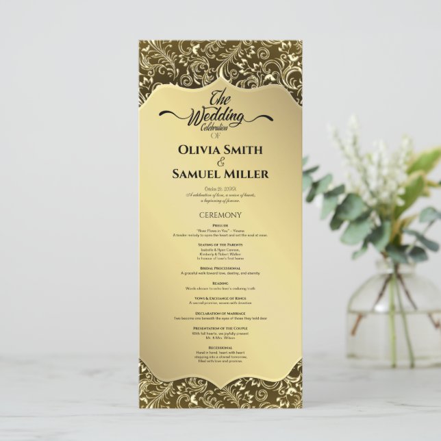 Gold Black Royal Damask Wedding Program Programme (Standing Front)