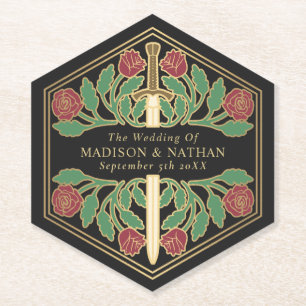 Gold Black Royal Mediaeval Floral Sword Wedding Paper Coaster