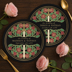 Gold Black Royal Mediaeval Floral Sword Wedding Paper Plate