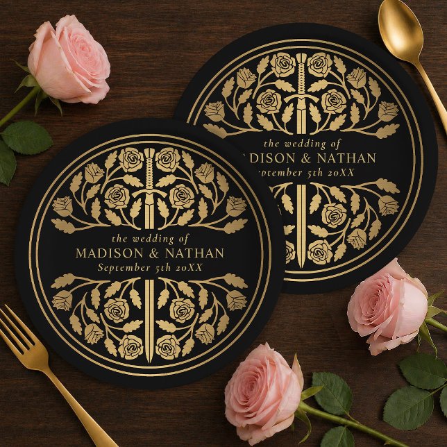 Gold Black Royal Mediaeval Sword Wedding  Paper Plate (Creator Uploaded)