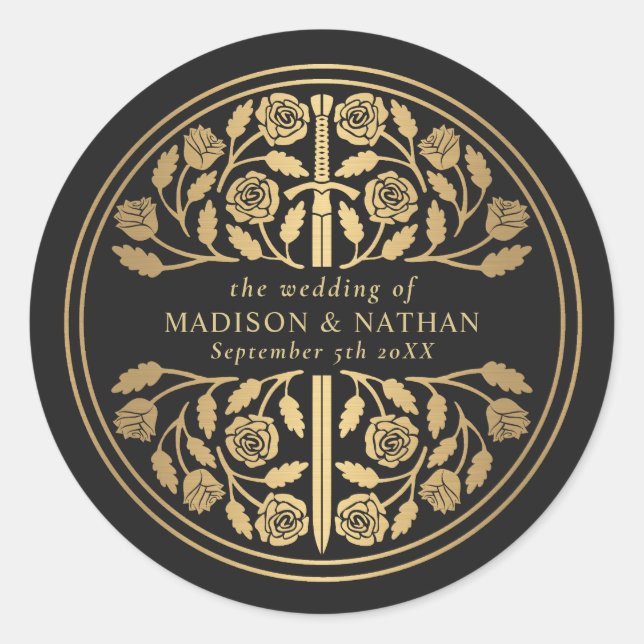 Gold Black Royal Medieval Sword Wedding  Classic Round Sticker (Front)
