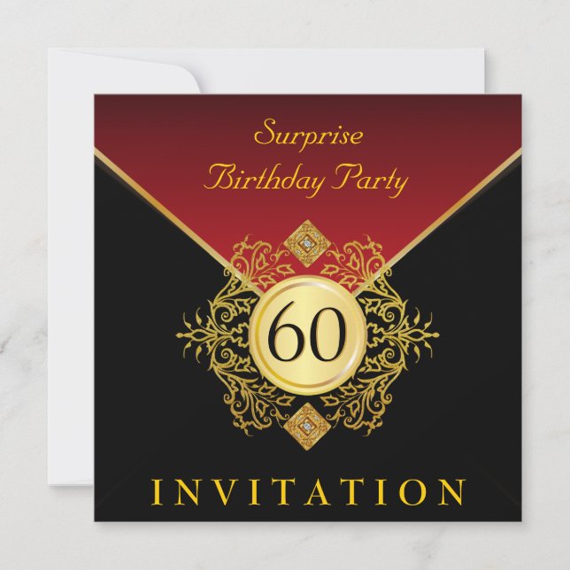 Gold Black Royal Red 60th Birthday Surprise Party Invitation (Front)