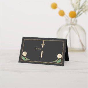 Gold Black Royal White Floral Sword Wedding Place Card