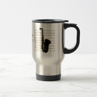 Gold Black Saxophone on Gold Sheet Music Travel Mug