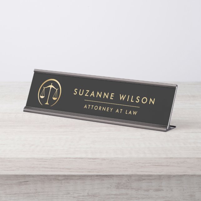 Gold & Black Scale Of Justice Attorney At Law Desk Name Plate (Front)