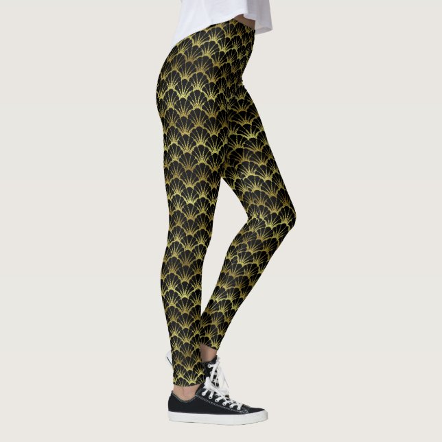Gold Black Scallop Shell Art Deco Retro Pattern Leggings (Right)