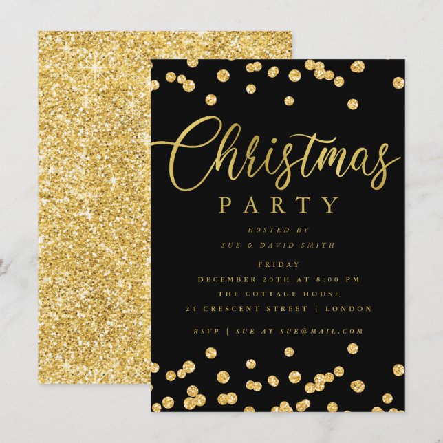 Gold Black Script Confetti Holiday Christmas Party Invitation (Front/Back)