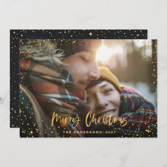 Gold black script merry Christmas stars 1 photo Holiday Card (Front/Back)