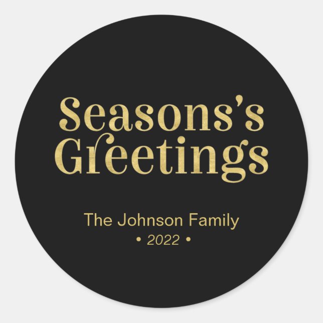 Gold & Black Seasons Greeting Christmas Holiday Classic Round Sticker (Front)