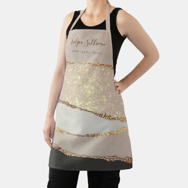 Gold black shimmer paper beauty professional apron (Insitu)
