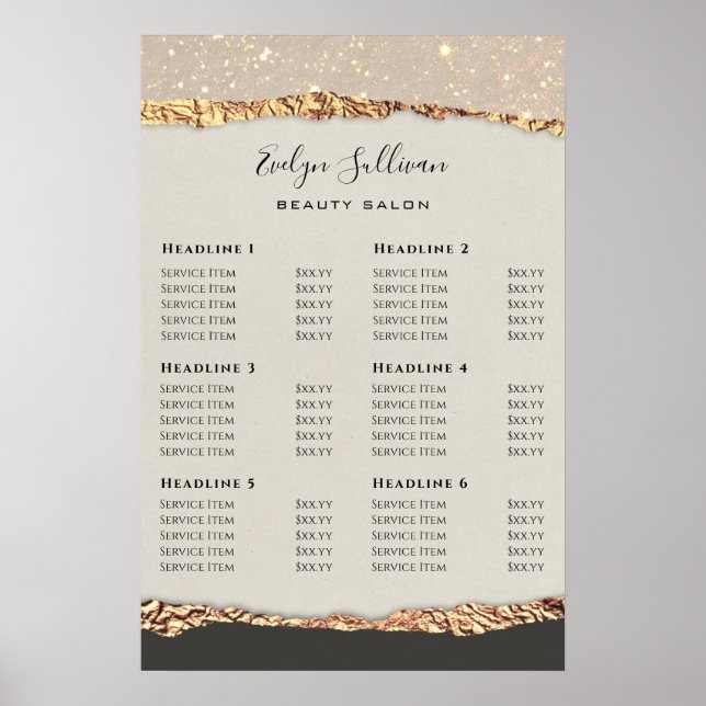 Gold Black Shimmer Paper Price List Poster (Front)