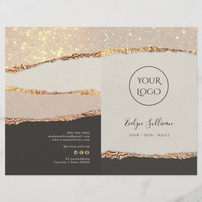 Gold black shimmer paper service menu brochure (Front)
