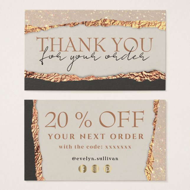 Gold black shimmer paper thank you discount card (Front & Back)