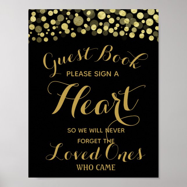 GOLD & BLACK sign a heart guest book wedding sign (Front)