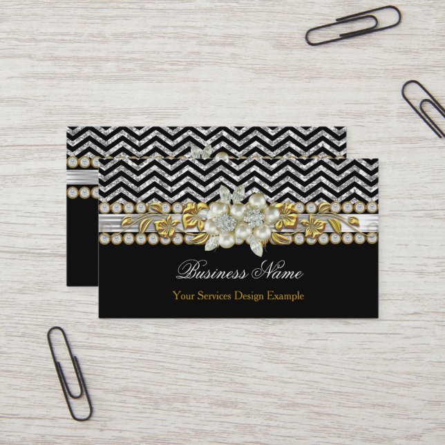 Gold Black Silver Chevron Diamond Pearl Floral Business Card (Front/Back In Situ)