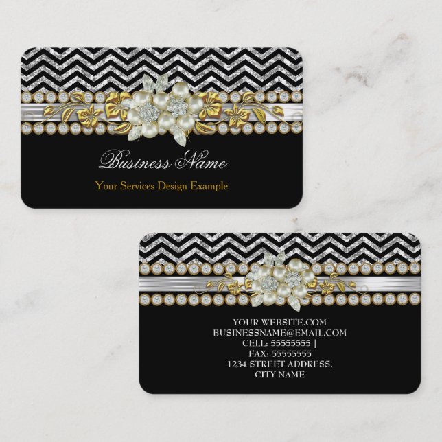 Gold Black Silver Chevron Diamond Pearl Floral Business Card (Front/Back)