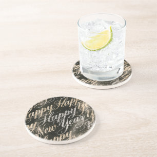 Gold Black Silver Sparkle Happy New Year Coaster