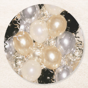 Gold Black Silver White Balloons Confetti Round Paper Coaster