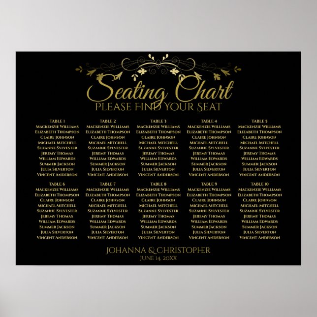 Gold & Black Simple 10 Table Wedding Seating Chart (Front)