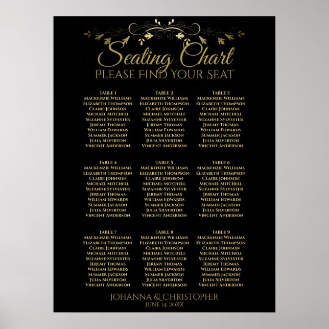 Gold & Black Simple 9 Table Wedding Seating Chart (Front)