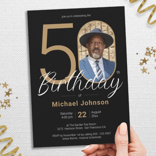 Gold Black Simple Chic Custom Photo 50th Birthday Invitation (Gold Black Simple Chic Custom Photo 50th Birthday Invitation)