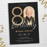 Gold Black Simple Custom Photo 80th Birthday Party Invitation<br><div class="desc">Gold Black Simple Custom Photo 80th Birthday Party Invitation. Elevate your milestone celebration with an invitation design that epitomises understated elegance and chic minimalism. Our black and gold theme exudes sophistication, creating a refined atmosphere for your special day. The custom photo feature adds a personalised touch, ensuring that each invitation...</div>