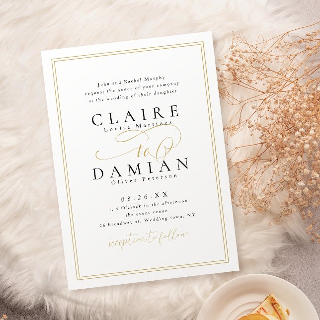 Gold Black Simple Elegance Romantic Script Wedding Invitation (Gold Black Simple Elegance Romantic Script Wedding Invitation)