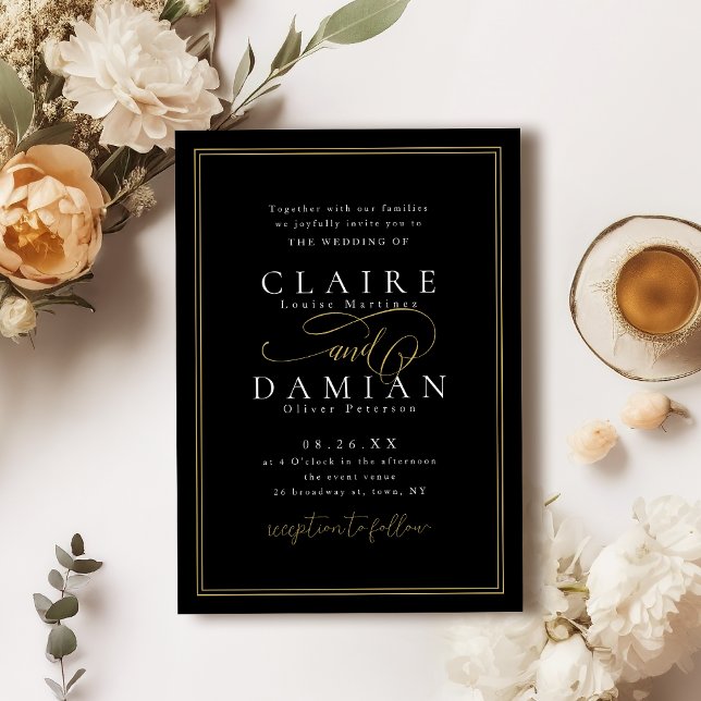 Gold Black Simple Elegance Romantic Script Wedding Invitation (Gold Black Simple Elegance Romantic Script Wedding Invitation)