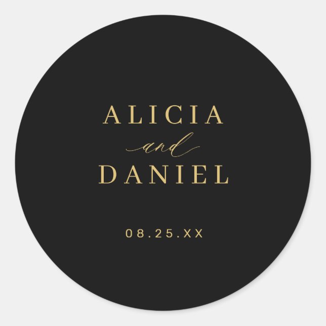 Gold black simple minimalist elegant wedding classic round sticker (Front)